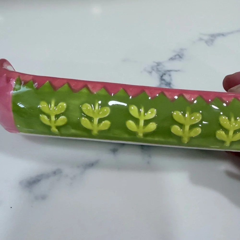 Ceramic Canoe Trinket Dish‎ Pink Green Floral Star Hand Painted Jewelry Tray